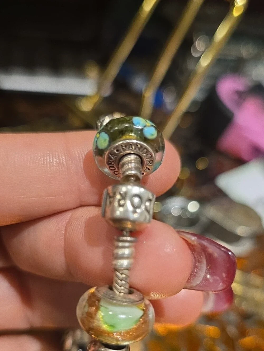 Pandora Bracelet with Green and Aqua Glass Beads - Picture 2 of 11